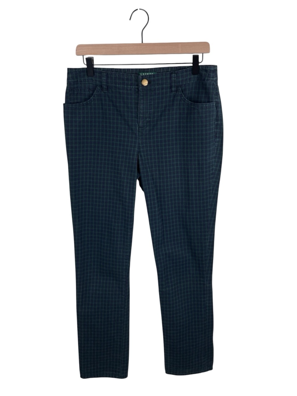 Lauren Ralph Lauren Navy Blue Green Plaid Skinny Pants Size 10 Preppy Y2K Retro